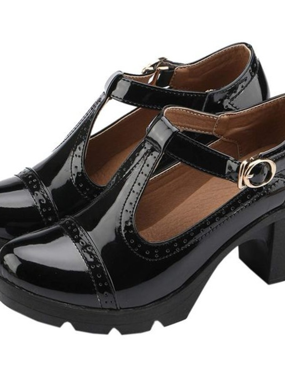 New Size 7.5-8 Dadawen Patent T-Strap Block Heel Pumps - Black